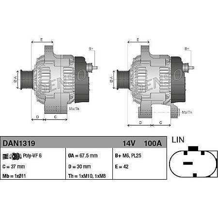 Alternator 14V 100A CITROEN C1 II PEUGEOT 108 TOYOTA AYGO 1.0 04.14- TOYOTA AYGO II (_B4_), Hatchback, 05.2014 - Denso DAN1319