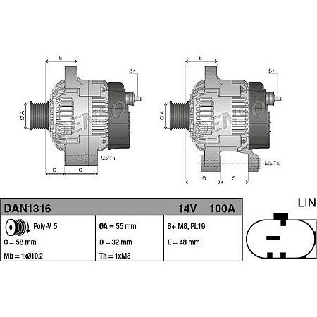 Alternator 14V 100A SUZUKI SX4 S-CROSS VITARA 1.6 08.13- SUZUKI SX4 S-CROSS (JY), Hatchback, 08.2013 - Denso DAN1316