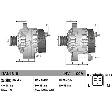 Alternator 14V 100A TOYOTA AVENSIS VERSO 1.6-1.8-2.0 11.08-10.18 TOYOTA AVENSIS III (_T27_), Turism, 02.2009 - 10.2018 Denso DAN1318