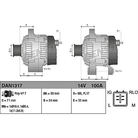Alternator 14V 100A TOYOTA AVENSIS VERSO 2.0D-2.2D 11.08-10.18 TOYOTA AVENSIS III (_T27_), Sedan, 11.2008 - 10.2018 Denso DAN1317