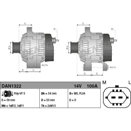 Alternator 14V 100A OPEL CORSA E 1.2-1.4-1.4LPG 09.14- VAUXHALL CORSAVAN Mk IV (X15), Hatchback Van, 10.2014 - Denso DAN1322