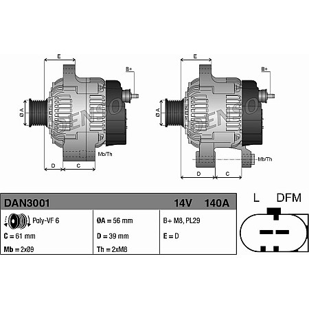 Alternator 14V 140A AUDI A1 A3 A4 B6 A4 B7 TT SEAT ALHAMBRA ALTEA ALTEA XL IBIZA IV IBIZA IV SC IBIZA IV ST LEON TOLEDO II Denso DAN3001
