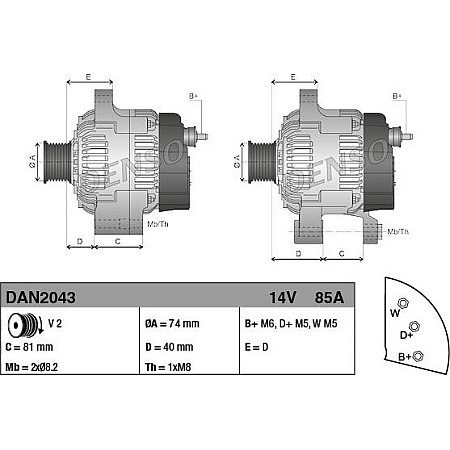 Alternator 14V 85A ARMATRAC 1000 BASAK 2000 HATTAT TRAKTOR A T KIOTI PX LANDINI 5 70 7000 8000 90 GLOBALFARM POWE MASSEY FERGUSON MF 5400, Tractor, 01.2004 - Denso DAN2043