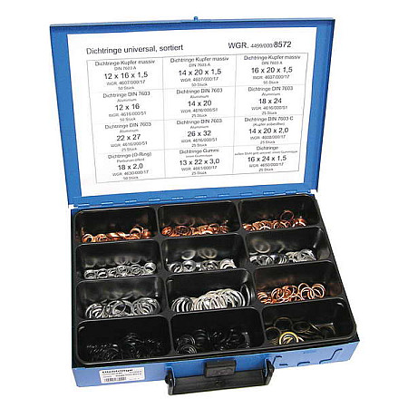Saiba Zestaw specjalnych uszczelek do korkow olejowych 425 sztuk: DIN7603A miedz lita DIN 7603 alu DIN 7603 C miedz pelna O-ring Opel gumowa i gum-stal Ford DRESSELHAUS 4499/000/06 8572