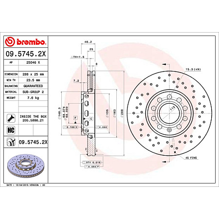 Disc frana Brake disc BREMBO Xtra 1pcs Drilled front  L/R outer diameter 288 mm thickness 25 mm AUDI 100 C4 A4 B5 A4 B6 A4 B7 A6 C4 A6 C5 SEAT EXEO EXEO ST 1.6-3.2 12.90-05.13 BREMBO 09.5745.2X