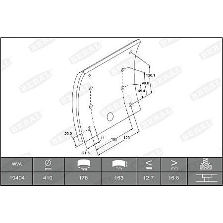Set garnit de frictiune. frana tambur Ferodou sabot frana 410x163 MAN E2000 F2000 F9 F90 F90 UNTERFLUR M 2000 MAN SR, Autobuz, 02.1975 - 08.1994 Beral KBL19494.9-1575