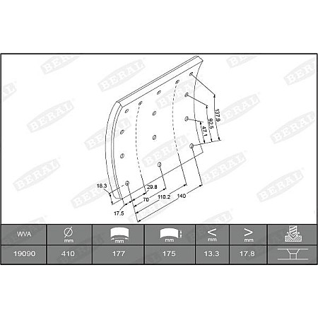 Set garnit de frictiune. frana tambur Ferodou sabot frana 410x175. 1-supradimensionat RVI KERAX VOLVO B7 F10 F VOLVO F12, 01.1976 - 12.1995 Beral KBL19090.1-1627