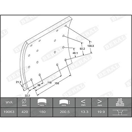 Set garnit de frictiune. frana tambur Ferodou sabot frana 420x200. 1-supradimensionat DAF 65 65 CF 75 75 CF 85 DAF 75 CF, 02.1998 - 12.2000 Beral KBL19063.1-1616