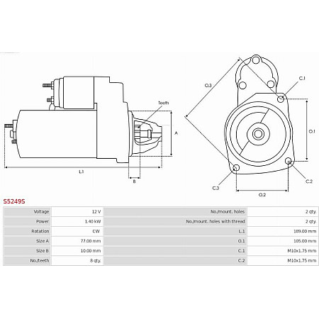 Electromotor MITSUBISHI OUTLANDER I (CU_W), Crossover, 03.2001 - 07.2008 AS-PL S5249S