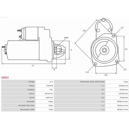 Electromotor DACIA LOGAN II (DJF), Sedan, 10.2012 - AS-PL S3012