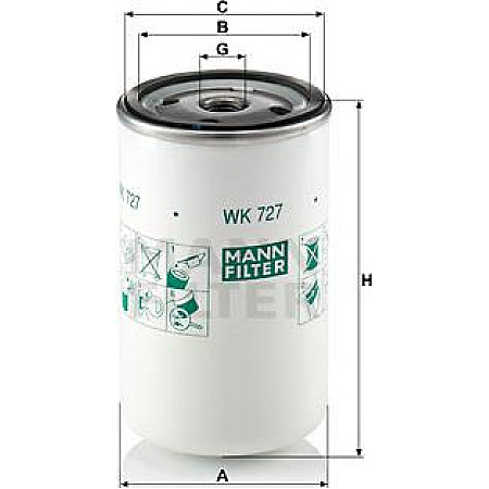 Filtru combustibil IVECO MAGELYS URBANWAY RVI AGORA ARES C FR1 G ILIADE KERAX MAGNUM MAJOR MANAGER MAXTER MIDLINE RENAULT 19 II (B/C53_), Hatchback, 01.1991 - 06.2001 Mann-Filter WK 727