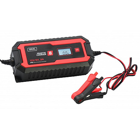 Aparat de incarcat bateria de acumulatori Battery charger PRAKTIK CHARGER 8 LCD charging voltage: 6/12 V IDEAL charging current: 8A power supply voltage: 230V battery type: AGM/EFB/GEL/MF/WET IDEAL PCHARGE8