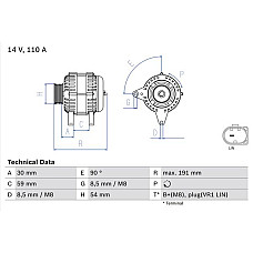 Alternator 14V 110A AUDI A1 A1 CITY CARVER Q2 SEAT ARONA ATECA IBIZA IV IBIZA IV SC IBIZA IV ST IBIZA V LEON LEON SC LEON ST TARRACO TOLEDO IV 1.0-1.5CNG 08.12- BOSCH 0 986 083 270