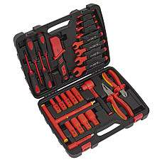 "Unelte pentru intretinere vehicule electrice Set of tools 6PT sockets / combination pliers / cutting pliers / diagonal cutting pliers / extension bars / insulated VDE / knifes / ratchet handle / screwdrivers 3/8"" Hexagonal num