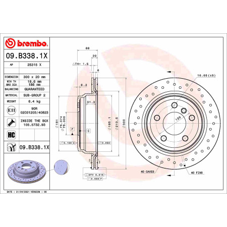 Disc frana Brake disc BREMBO Xtra 1pcs Drilled rear  L/R outer diameter 300 mm thickness 20 mm BMW 3 E91 3 F30 F80 3 F31 3 GRAN TURISMO F34 4 F32 F82 1.5-2.0H 06.05- BREMBO 09.B338.1X