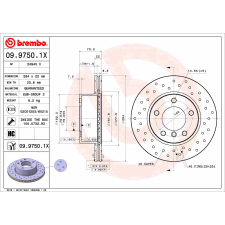 Disc frana Brake disc BREMBO Xtra 1pcs Drilled front  L/R outer diameter 284 mm thickness 22 mm BMW 1 E81 1 E87 1 F20 1.5-2.0D 06.04-06.19 BREMBO 09.9750.1X