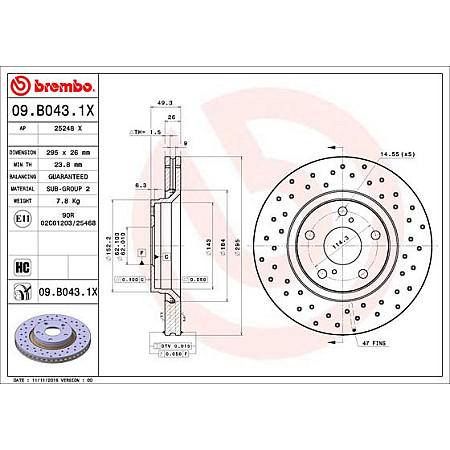 Disc frana Brake disc BREMBO Xtra Drilled front  L/R outer diameter 295 mm thickness 26 mm TOYOTA AURIS AVENSIS COROLLA COROLLA VERSO VERSO 1.6-2.2D 04.04-10.18 BREMBO 09.B043.1X