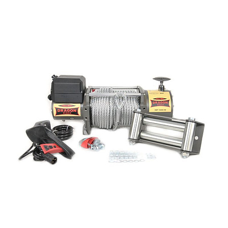 Troliu pentru trasuri si vehicule speciale Winch for carriages and special vehicles Truck towed weight 7257kg/16000lb voltage 24V transmission 3-step planetary reduction 358:1 rope type steel 31m brake type dynamic DRAGON WINCH DWT16000HD24V