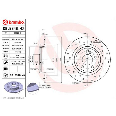 Disc frana Brake disc BREMBO Xtra 1pcs Drilled rear  L/R outer diameter 295 mm thickness 10 mm MERCEDES A W176 B SPORTS TOURER W246 W242 CLA C117 1.5D-Electric 11.11- BREMBO 08.B348.4X