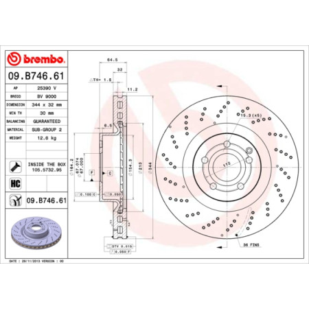 Disc frana Brake disc BREMBO Xtra 1pcs Drilled front  L/R outer diameter 344 mm thickness 32 mm MERCEDES C C204 E A207 E C207 1.8-5.5 01.09- BREMBO 09.B746.61