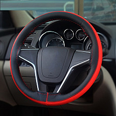 Husa volan din PIELE NATURALA NEAGRA CU DUNGA ROSIE, pentru autoturisme, diametru 37 - 39 cm, cu ac si ata (se coase, aspect ORIGINAL)