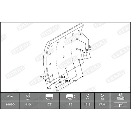 Set garnituri de frictiune, frana tambur Ferodou sabot frana 410x175. 1-supradimensionat RVI KERAX VOLVO B7 F10 F12 F16 FH12 FH16 FL10 FL12 FL7 FM10 FM12 FM7 YORK 2783 2953 BERAL KBL19090.1-1627