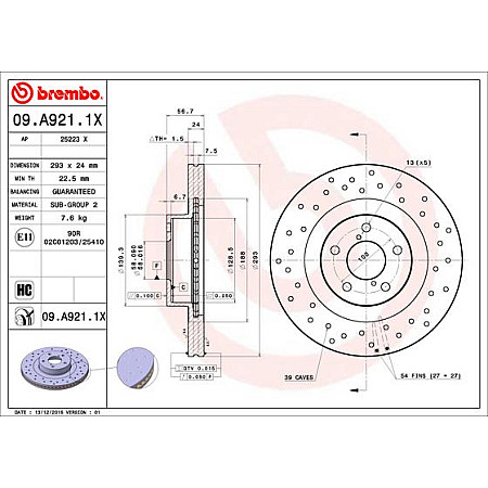 Disc frana Brake disc BREMBO Xtra Drilled front  L/R outer diameter 293 mm thickness 24 mm SUBARU BRZ FORESTER IMPREZA LEGACY III LEGACY IV LEGACY V OUTBACK XV 1.6-3.0 03.94- BREMBO 09.A921.1X