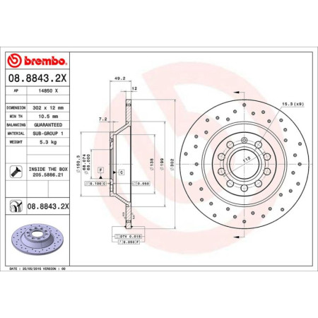 Disc frana Brake disc BREMBO Xtra 1pcs Drilled rear  L/R outer diameter 302 mm thickness 12 mm AUDI A6 C6 2.0-3.2 05.04-08.11 BREMBO 08.8843.2X