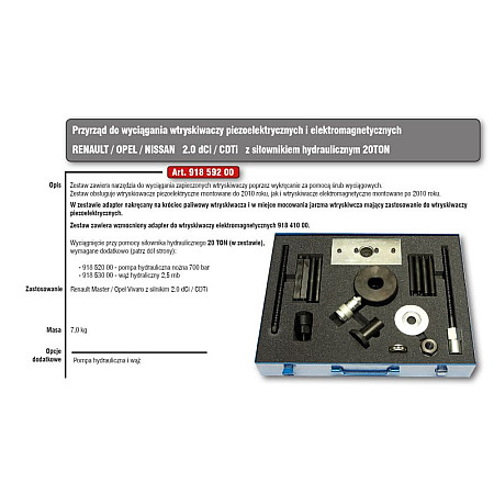 Kituri de extragere injectoare PINDUR Zestaw z silownikiem hydraulicznym 20T do wyciagania wtryskiwaczy piezolektrycznych i elektromagnetycznych Renault Ope Nissan 2.0 dCi/CDTi PINDUR HP918 592 00