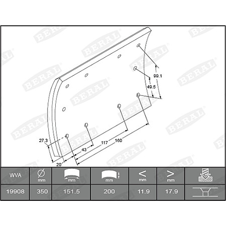 Set garnituri de frictiune, frana tambur Ferodou sabot frana 350x200. de baza BERAL KBL19908.0-1550