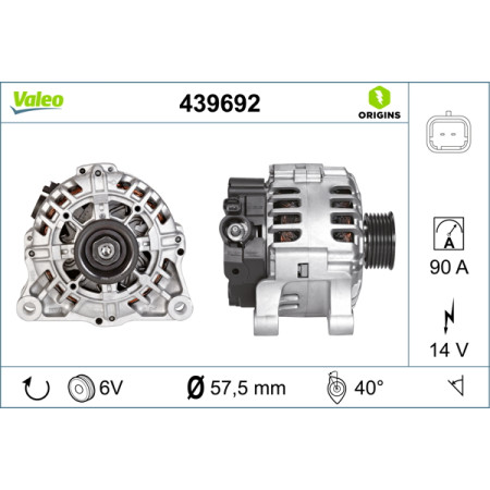 Alternator 14V 90A CITROEN BERLINGO BERLINGO MULTISPACE BERLINGO/MINIVAN C4 C4 GRAND PICASSO I C4 I C4 PICASSO I C5 I C5 II C5 III C8 JUMPY NEMO 1.1-2.2 06.96- VALEO VAL439692