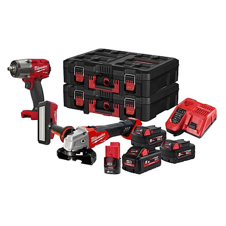 Set scula electrica Power tools kit 3 pcs SET:10 pcs battery-powered: Air impact wrench Angle grinder Workshop lamp battery included: charger included: number of batteries: 3 pcs MILWAUKEE 4933481020