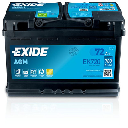 Acumulator Pornire Battery EXIDE 12V 72Ah/760A AGM R+ standard 278x175x190 B13 agm EXIDE EK720
