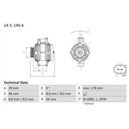 Alternator 14V 140A AUDI A3 A4 B6 A4 B7 A6 C5 TT SEAT ALHAMBRA ALTEA ALTEA XL EXEO EXEO ST LEON TOLEDO III SKODA OCTAVIA II SUPERB II YETI VW BEETLE 1.6/1.8/2.0 11.00- BOSCH 0 986 046 180