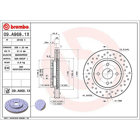Disc frana Brake disc BREMBO Xtra 1pcs Drilled front  L/R outer diameter 258 mm thickness 23 mm MAZDA 2 1.3-1.6D 07.07- BREMBO 09.A968.1X
