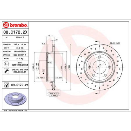 Disc frana Brake disc BREMBO Xtra Drilled rear  L/R outer diameter 262 mm thickness 10 mm HYUNDAI CRETA ELANTRA V ELANTRA VI I30 KONA KONA/SUV VELOSTER KIA CEE'D 1.0-2.0 09.10- BREMBO 08.C172.2X