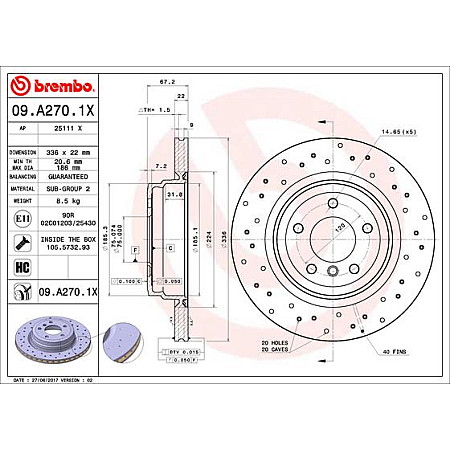 Disc frana Brake disc BREMBO Xtra Drilled rear  L/R outer diameter 336 mm thickness 22 mm BMW 3 E90 3 E91 3 E92 3 E93 X1 E84 2.0D-3.0D 12.04-12.13 BREMBO 09.A270.1X