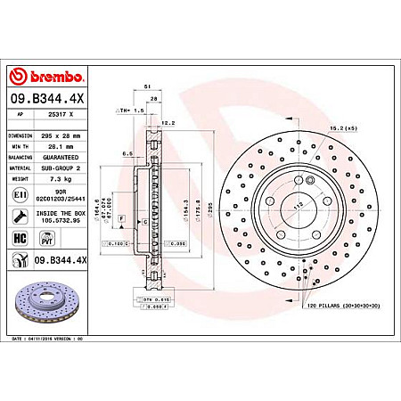 Disc frana Brake disc BREMBO Xtra 1pcs Drilled front  L/R outer diameter 295 mm thickness 28 mm MERCEDES A W176 B SPORTS TOURER W246 W242 CLA C117 1.5D-2.2D 11.11- BREMBO 09.B344.4X