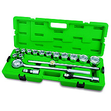 Set chei tubulare TOPTUL Set scule 3 / 4 17 piese in cutie plastic cheie cu clichet strand 2 x prelungitoare adapters 6-pt: 1921222324273032363841  46.50 mm TOPTUL GCAI1701