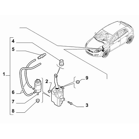 Rezervor apa,spalare parbriz Rezervorul de spalare cu capac cu furtunuri cu pompa cu supapa de retur vehicule fara saibe faruri FIAT BRAVO II 11.06-12.14 OE FIAT 51789344