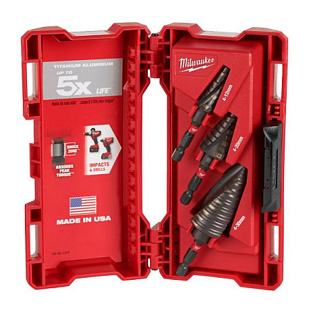 Burghiu Drill bit / Drill bit kit / Hole-drill conical / mixed / multi-step 3 pcs drill bit diameter: 4 5 6 7 8 9 10 11 12 14 16 18 20 22 26 28 30mm intended use material: aluminium MILWAUKEE 48899266