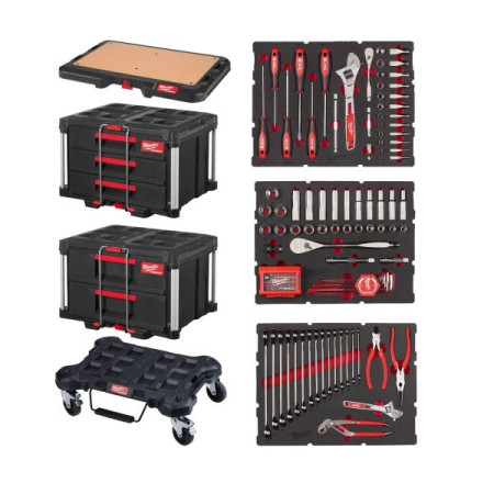 Geanta cu scule Tool box with equipment number of tools: 124 pcs plastic number of equipped drawers: 3 pcs neagra MILWAUKEE PACKOUT124