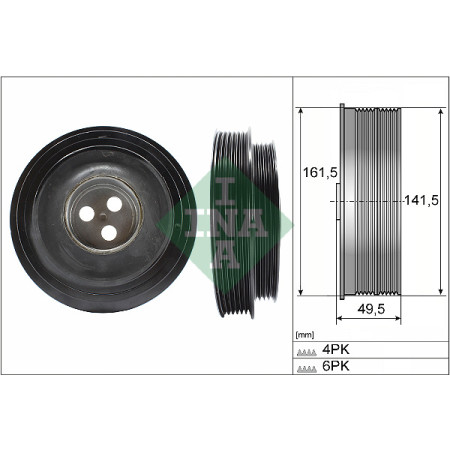 Fulie curea, arbore cotit Crankshaft pulley number of ribs: 4 6 with torsion damper CITROEN JUMPER II FIAT DUCATO FORD TOURNEO CUSTOM V362 TRANSIT TRANSIT CUSTOM V362 TRANSIT TOURNEO 2.0D-2.4D 04.06- INA 544 0166 10