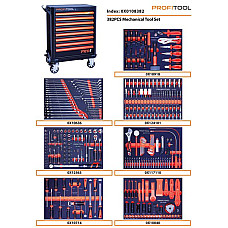 Carucior cu scule Tool trolley/box with equipment number of tools: 382 pcs number of all drawers: 8 insert tray type: foam SFS colour: neagra/orange 842/706/461 mm PROFITOOL 0X0108382