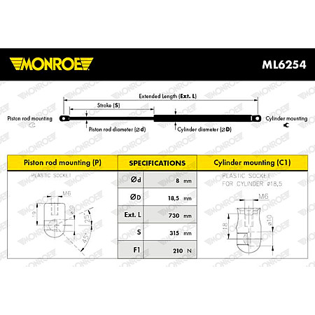 Amortizor capota Arcul cu gaz capota motor Dreapta/Stanga lungime maxima: 730mm sUV:315mm  VOLVO V40 SIKMA ZADNI CAST 03.12-08.19 MONROE MONML6254