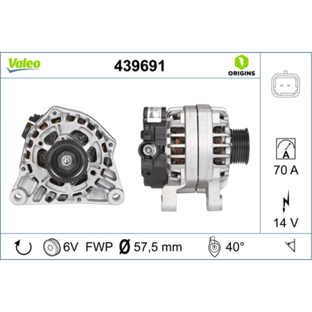 Alternator 14V 70A CITROEN BERLINGO BERLINGO MULTISPACE BERLINGO/MINIVAN C15/MINIVAN JUMPY NEMO NEMO/MINIVAN XSARA XSARA PICASSO FIAT SCUDO PEUGEOT 1007 206 1.1-2.0 06.96- VALEO VAL439691