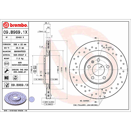 Disc frana Brake disc BREMBO Xtra 1pcs Drilled rear  L/R outer diameter 330 mm thickness 22 mm AUDI A4 ALLROAD B8 A4 ALLROAD B9 A4 B8 A4 B9 A5 A6 ALLROAD C7 1.4-6.3 06.07- BREMBO 09.B969.1X