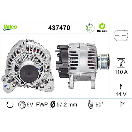Alternator 14V 110A AUDI A1 A3 SEAT ALTEA ALTEA XL IBIZA IV IBIZA IV SC IBIZA IV ST LEON TOLEDO III TOLEDO IV SKODA FABIA II OCTAVIA II RAPID ROOMSTER 1.0-3.2 02.03- VALEO VAL437470