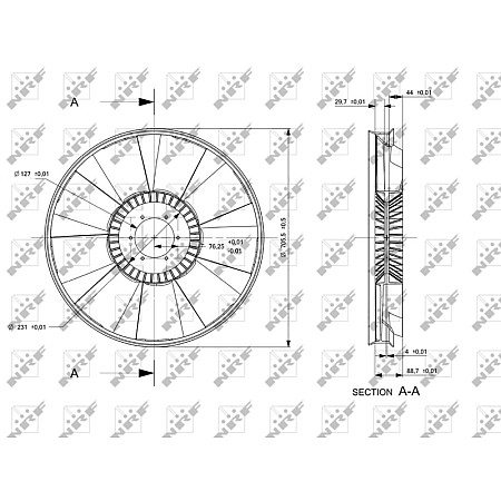 Ventilator, radiator Radiator fan diameter 9/127/705 mm number of blades 9 MAN E2000 EL F2000 F90 F90 UNTERFLUR HELICON HOCL LIONS CITY LIONS COACH LIONS COMFORT D0824LOH05-E2866DF01 01.79- NRF NRF 49826