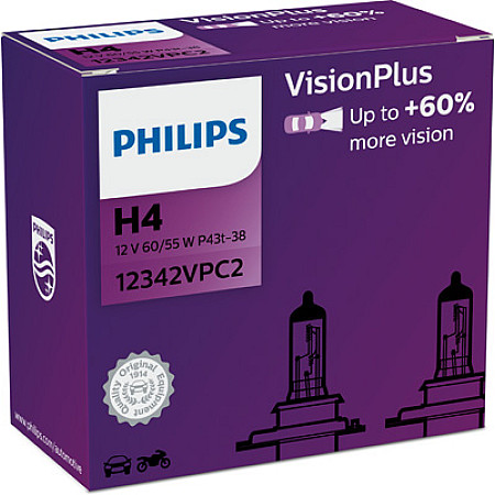 Bec, far principal Bec cutie 2buc H4 12V 60/55W P43T-38 VisionPlus Plus 60% PHILIPS PHI 12342VPC2